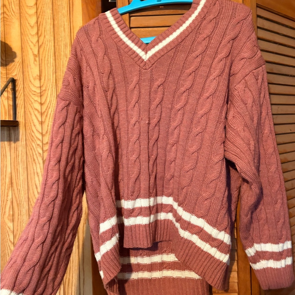 SHEIN V-Neck Cable Knit Sweater - Rose and Cream